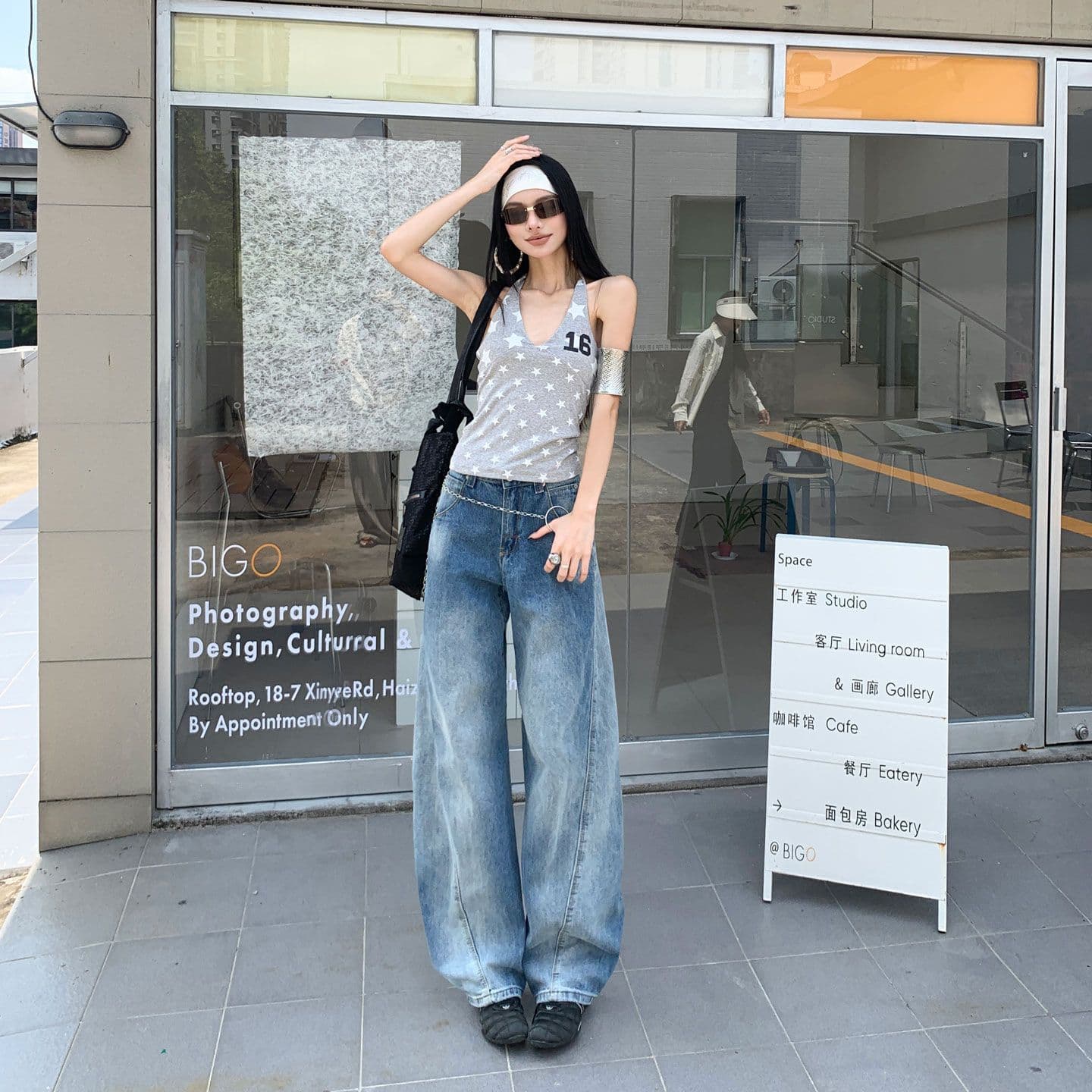 아메리칸 마 오래된 3 차원 고양이 반드시 플리츠 청바지 여성 넓은 다리 모통이 칼 바지 이미지 4