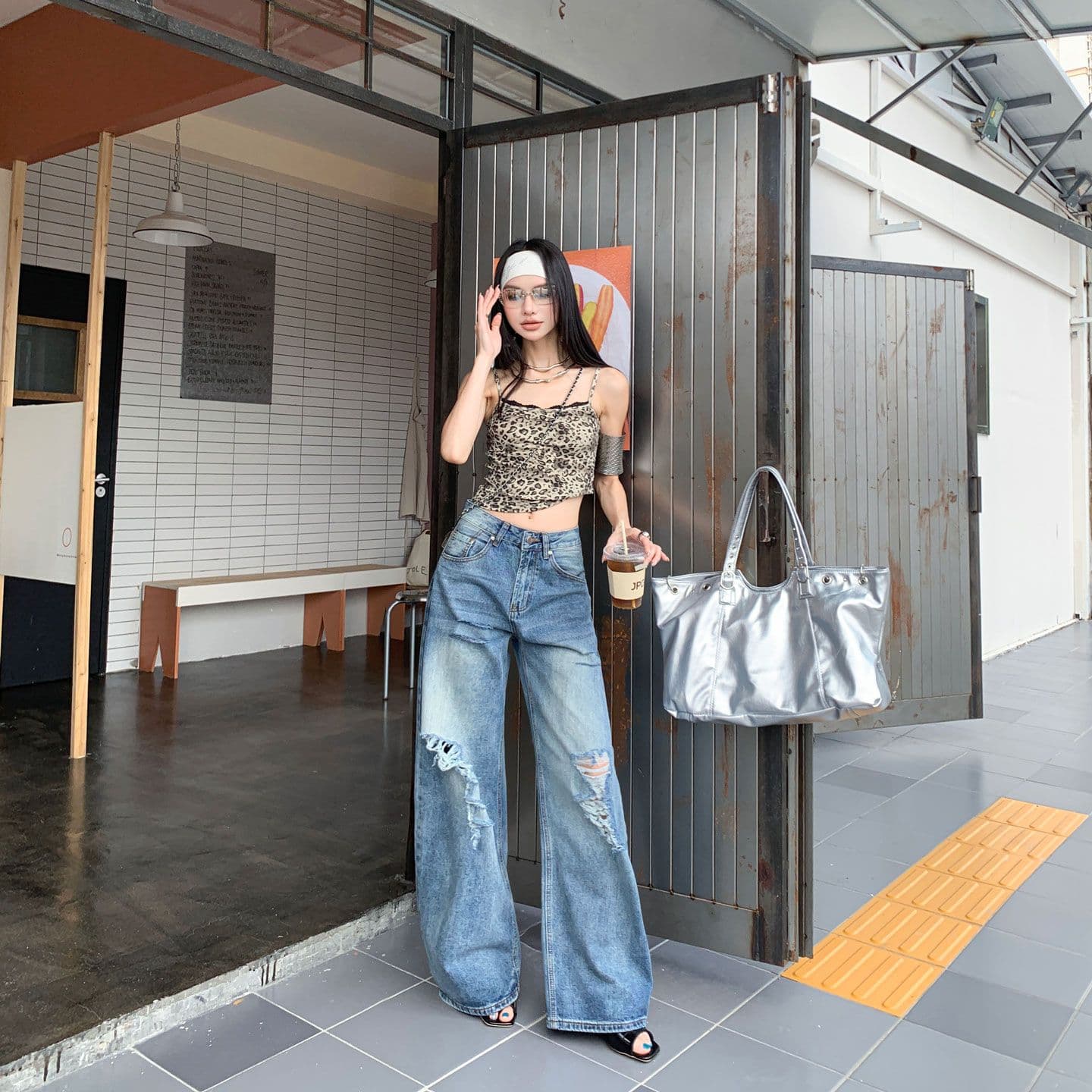 아메리칸 파리 버클 해체 3 차원 프로필 모양 스트레이트 넓은 다리 모통이 칼 청바지 이미지 6