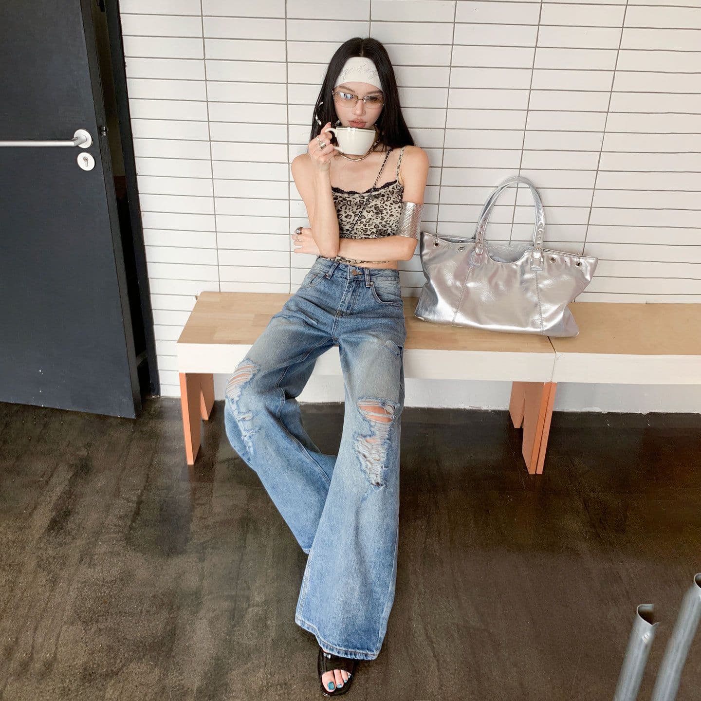 아메리칸 파리 버클 해체 3 차원 프로필 모양 스트레이트 넓은 다리 모통이 칼 청바지 이미지 2