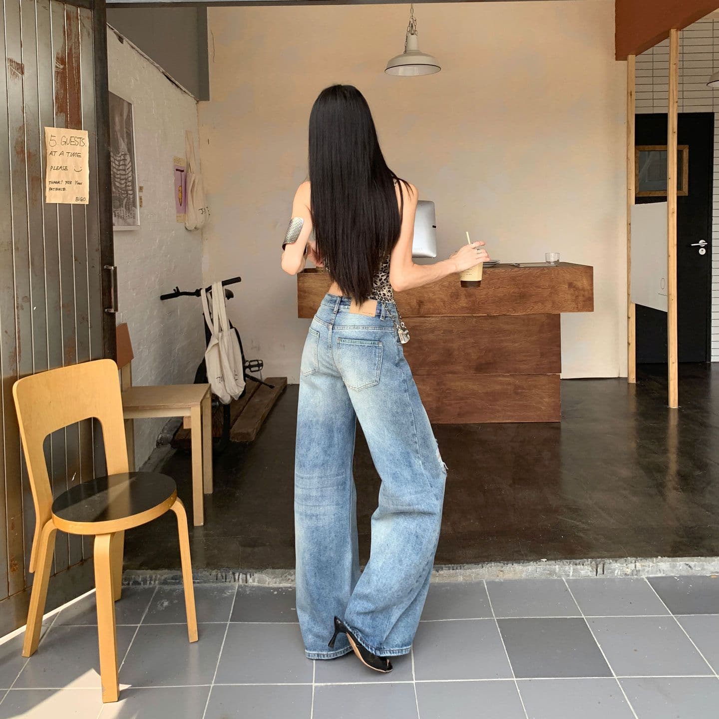 아메리칸 파리 버클 해체 3 차원 프로필 모양 스트레이트 넓은 다리 모통이 칼 청바지 이미지 3