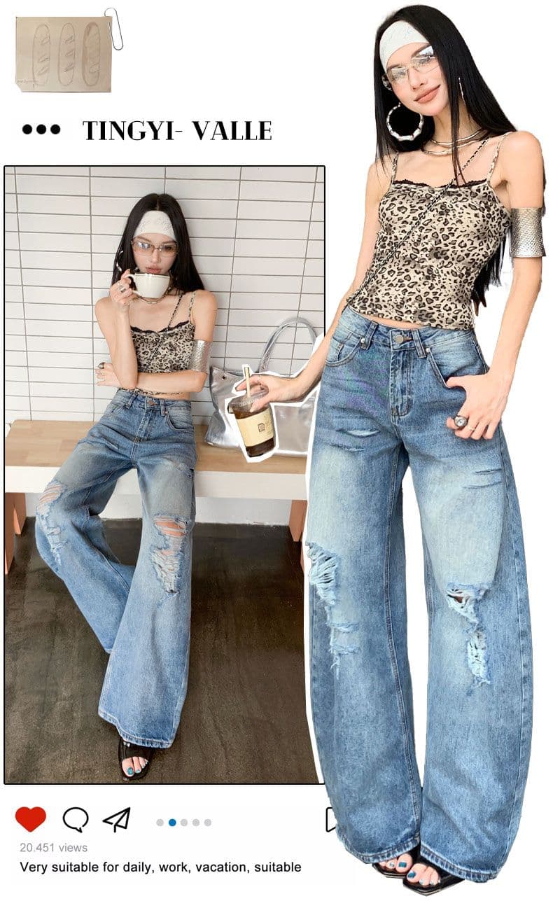 아메리칸 파리 버클 해체 3 차원 프로필 모양 스트레이트 넓은 다리 모통이 칼 청바지 상세 이미지 2