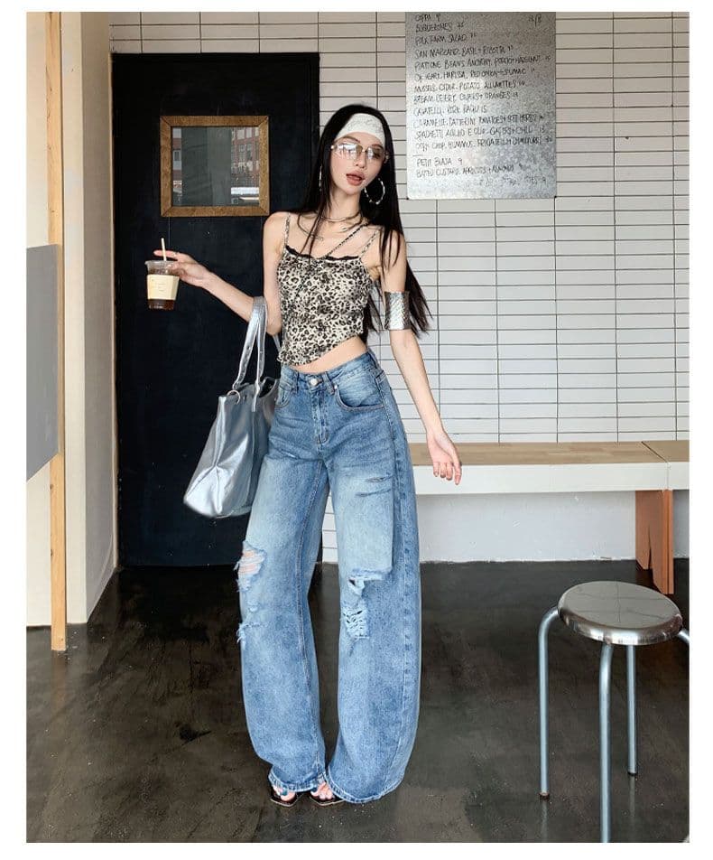 아메리칸 파리 버클 해체 3 차원 프로필 모양 스트레이트 넓은 다리 모통이 칼 청바지 상세 이미지 13