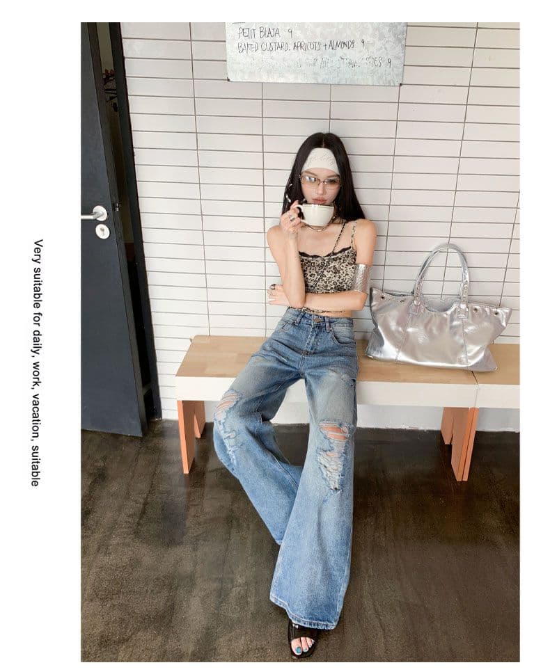 아메리칸 파리 버클 해체 3 차원 프로필 모양 스트레이트 넓은 다리 모통이 칼 청바지 상세 이미지 15