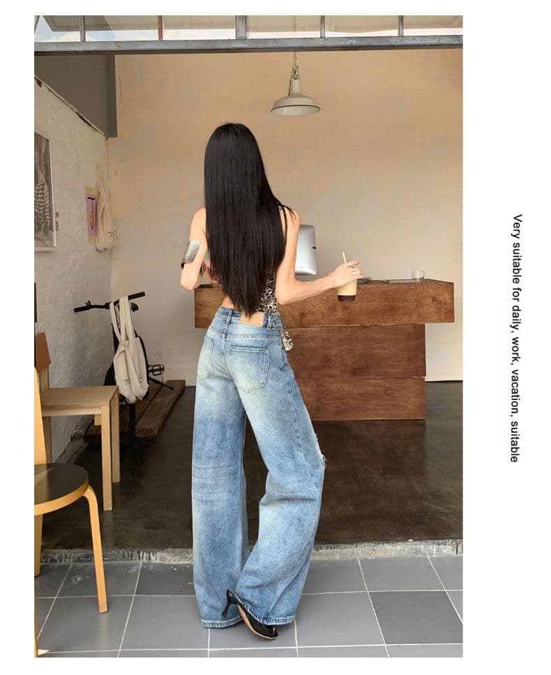 아메리칸 파리 버클 해체 3 차원 프로필 모양 스트레이트 넓은 다리 모통이 칼 청바지 상세 이미지 16