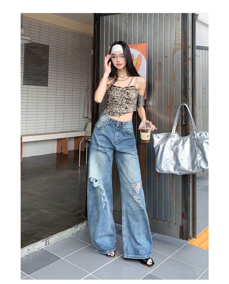 아메리칸 파리 버클 해체 3 차원 프로필 모양 스트레이트 넓은 다리 모통이 칼 청바지 상세 이미지 20
