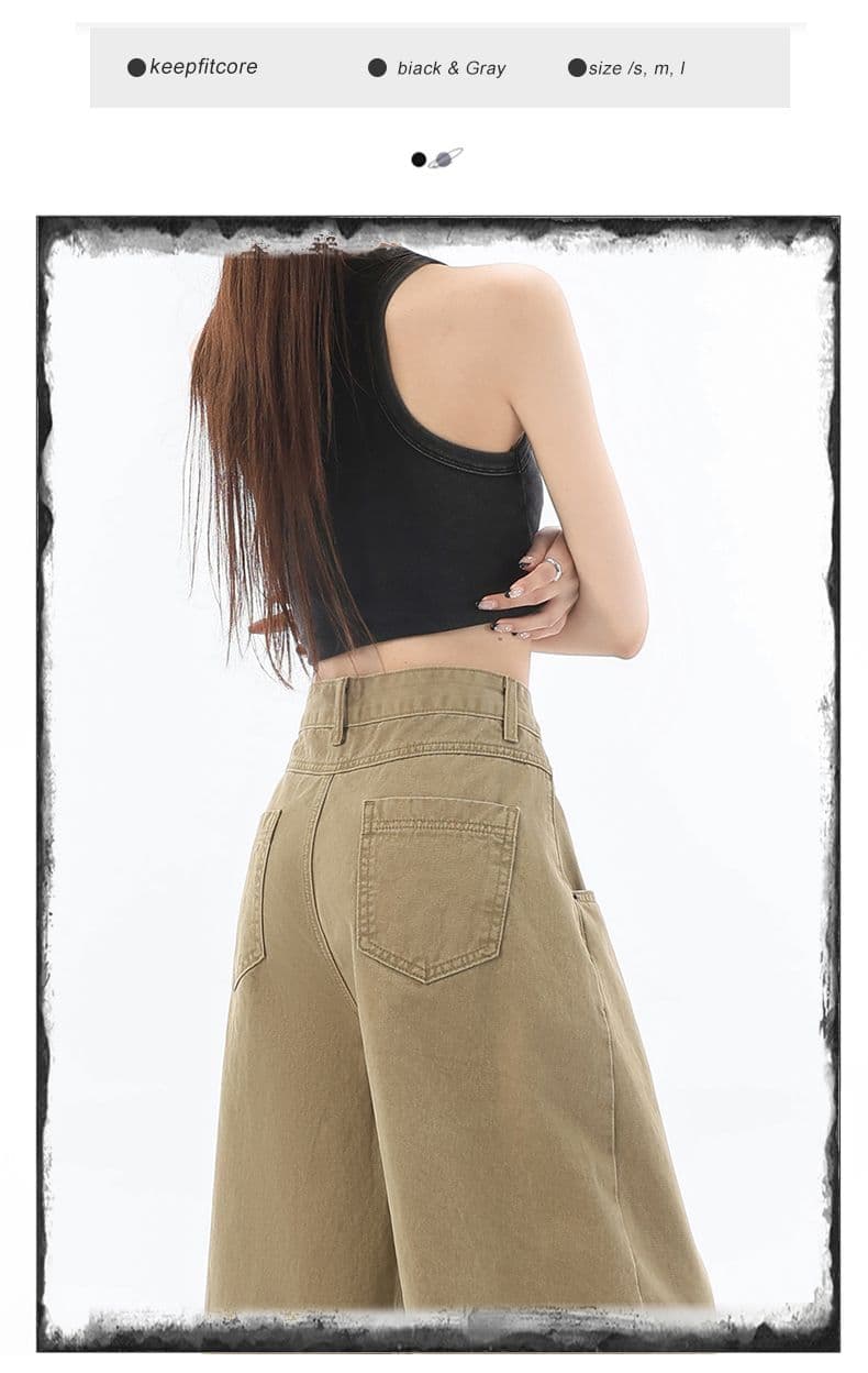 커피 녹색 아메리칸 레트로 단추 디자인 센스 넓은 다리 청바지 여성 여름 새로운 하이웨이스트 루즈핏 슬림해 보이는 긴 바지 상세 이미지 3