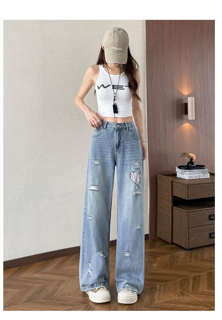 찢어진 부분 넓은 다리 청바지 여성 봄 여름 루즈핏 도루 센스 좁은 에디션 배색 이후 가방 레트로 자수 스트레이트 바닥 청소 긴 바지 상세 이미지 13