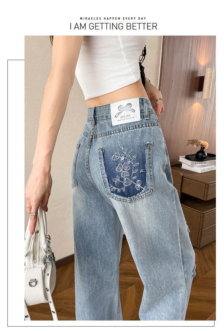 찢어진 부분 넓은 다리 청바지 여성 봄 여름 루즈핏 도루 센스 좁은 에디션 배색 이후 가방 레트로 자수 스트레이트 바닥 청소 긴 바지 상세 이미지 14