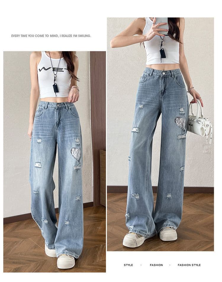 찢어진 부분 넓은 다리 청바지 여성 봄 여름 루즈핏 도루 센스 좁은 에디션 배색 이후 가방 레트로 자수 스트레이트 바닥 청소 긴 바지 상세 이미지 15