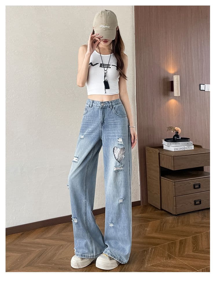 찢어진 부분 넓은 다리 청바지 여성 봄 여름 루즈핏 도루 센스 좁은 에디션 배색 이후 가방 레트로 자수 스트레이트 바닥 청소 긴 바지 상세 이미지 16