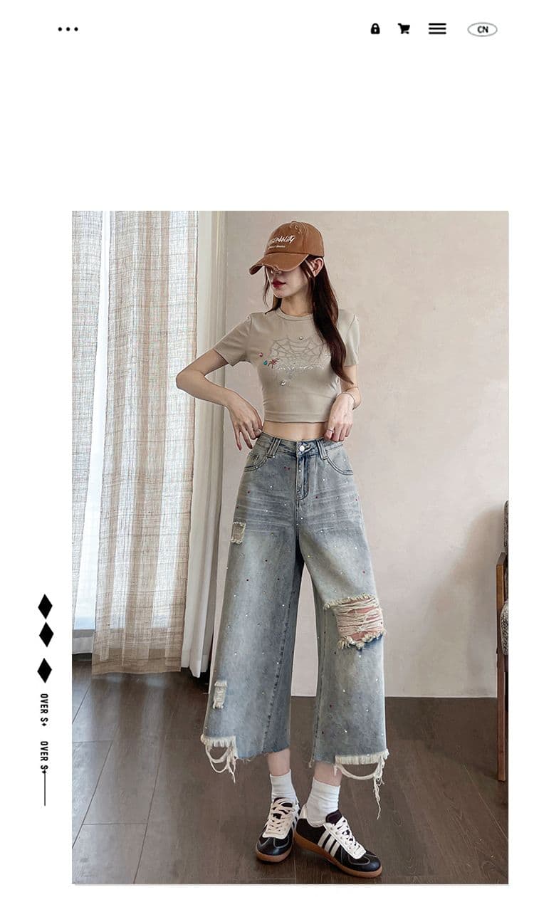 찢어진 부분 청바지 여성 여름 2026 새로운 작은 키 색상 핫픽스 루즈핏 거친 가장자리 7 점 스트레이트 와이드 레그 팬츠 상세 이미지 2