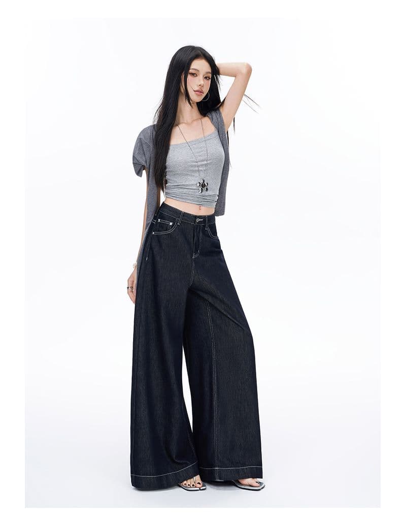 봄 가을 레트로 진한 파란색 대 넓은 다리 청바지 여성 계절 새로운 도루 센스 하이웨이스트 루즈핏 도루 센스 바닥 청소 바지 상세 이미지 13