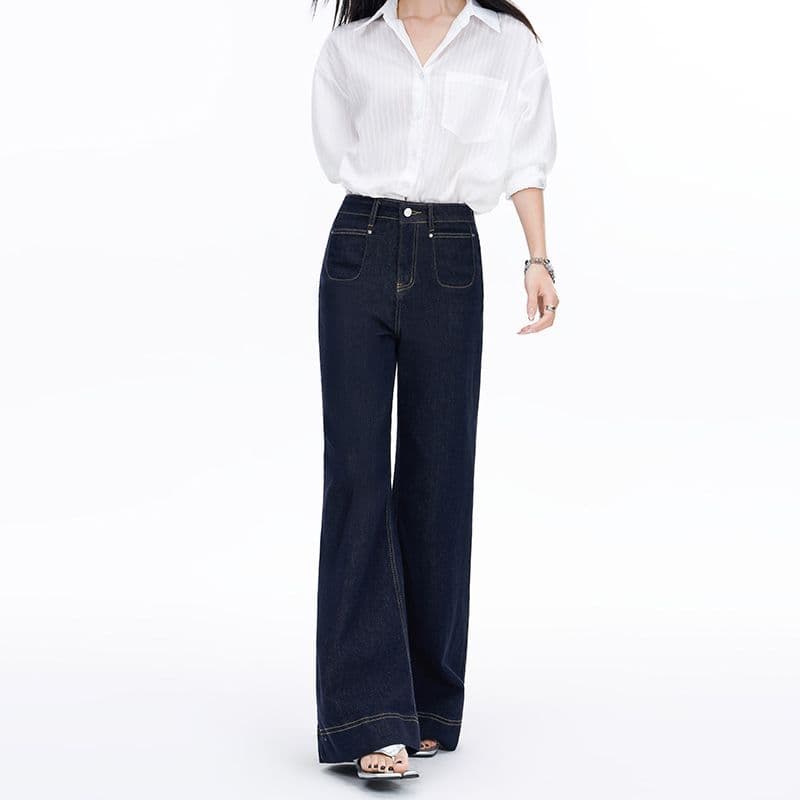 봄 가을 클래식 하이웨이스트 신축성 원색 데님 마이크로 나팔 청바지 몸매 가꾸기 슬림해 보이는 청바지 긴 바지 길이 연장