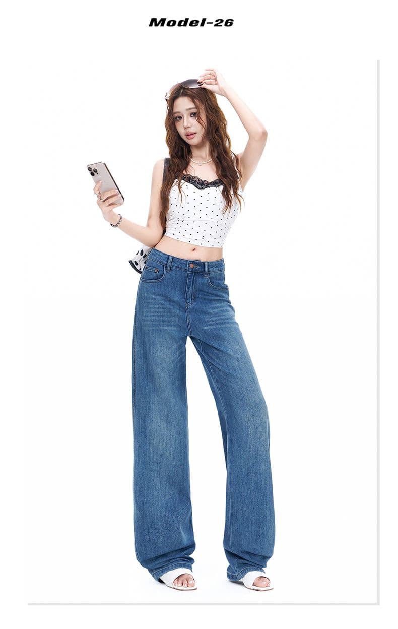 2026 봄 가을 사면 신축 스트레이트 마이크로 폭탄 와이드 레깅스 바지 새로운 레트로 블루 하늘색 데님 긴 바지 길이 연장 상세 이미지 5