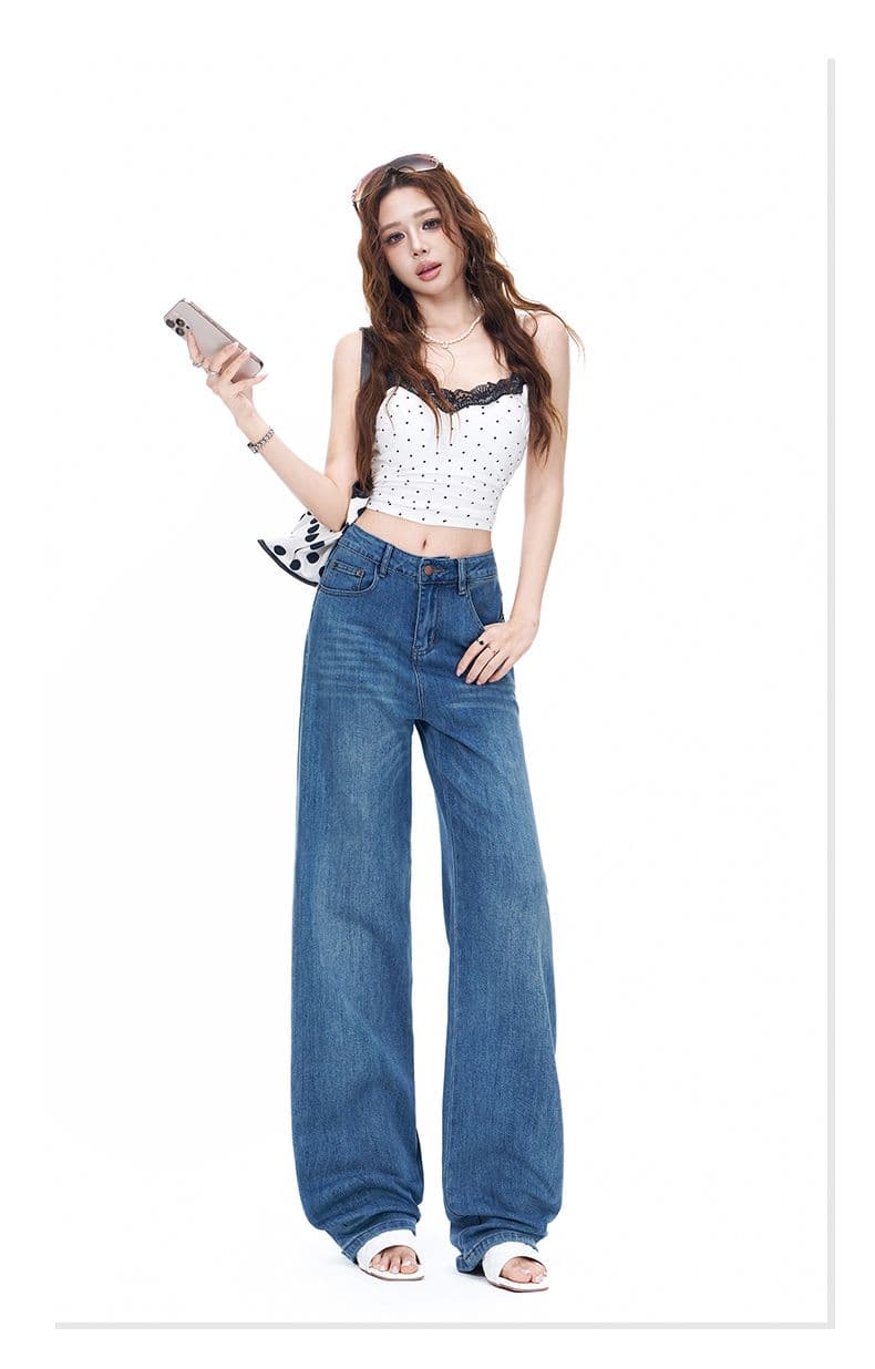 2026 봄 가을 사면 신축 스트레이트 마이크로 폭탄 와이드 레깅스 바지 새로운 레트로 블루 하늘색 데님 긴 바지 길이 연장 상세 이미지 8
