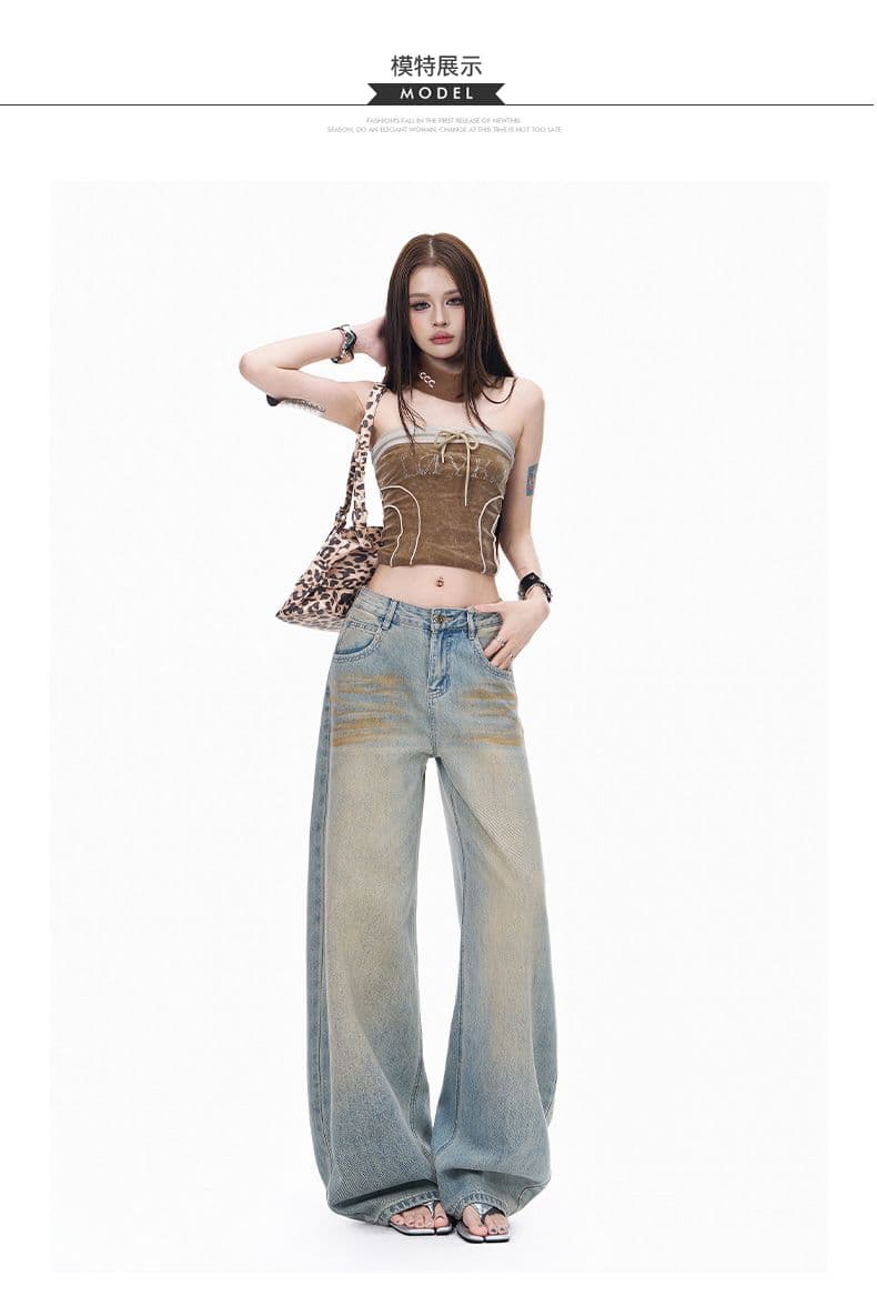가을 더러운 더러운 바지 마 오래된 워싱 스트레이트 청바지 여성 슬림해 보이는 루즈핏 와이드 레그 팬츠 바닥 청소 캐주얼 바지 상세 이미지 5