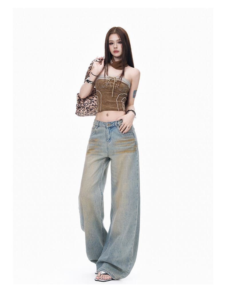 가을 더러운 더러운 바지 마 오래된 워싱 스트레이트 청바지 여성 슬림해 보이는 루즈핏 와이드 레그 팬츠 바닥 청소 캐주얼 바지 상세 이미지 7