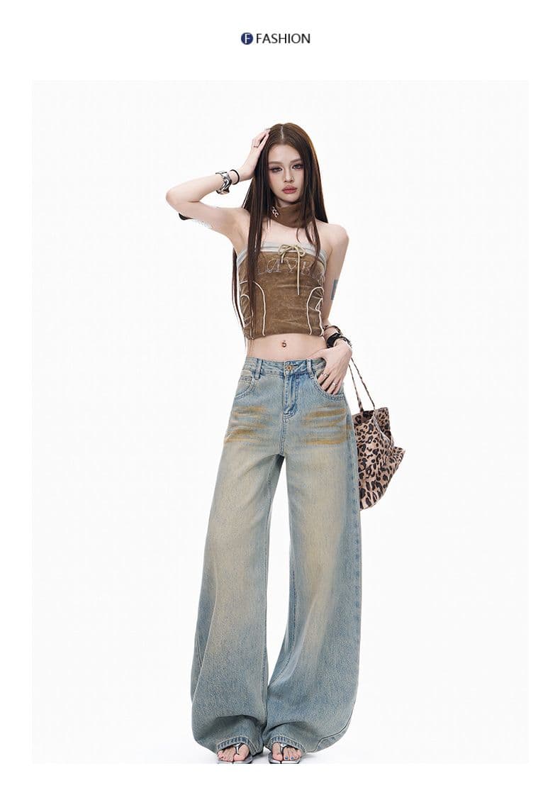 가을 더러운 더러운 바지 마 오래된 워싱 스트레이트 청바지 여성 슬림해 보이는 루즈핏 와이드 레그 팬츠 바닥 청소 캐주얼 바지 상세 이미지 9