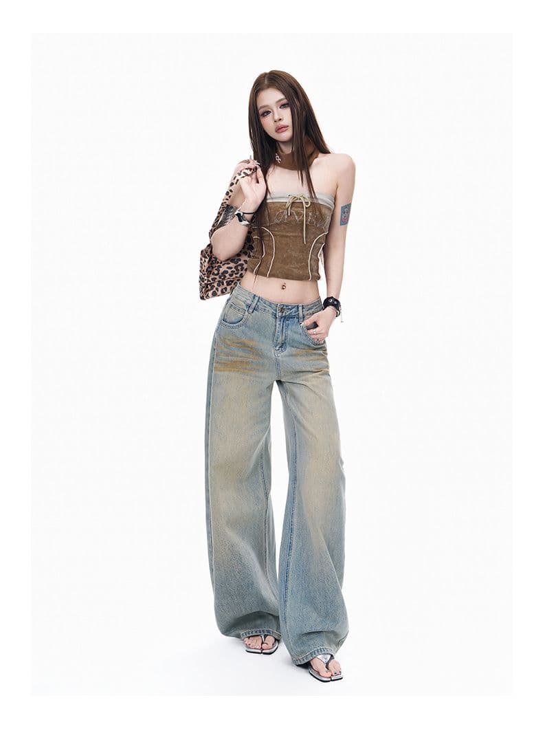 가을 더러운 더러운 바지 마 오래된 워싱 스트레이트 청바지 여성 슬림해 보이는 루즈핏 와이드 레그 팬츠 바닥 청소 캐주얼 바지 상세 이미지 12