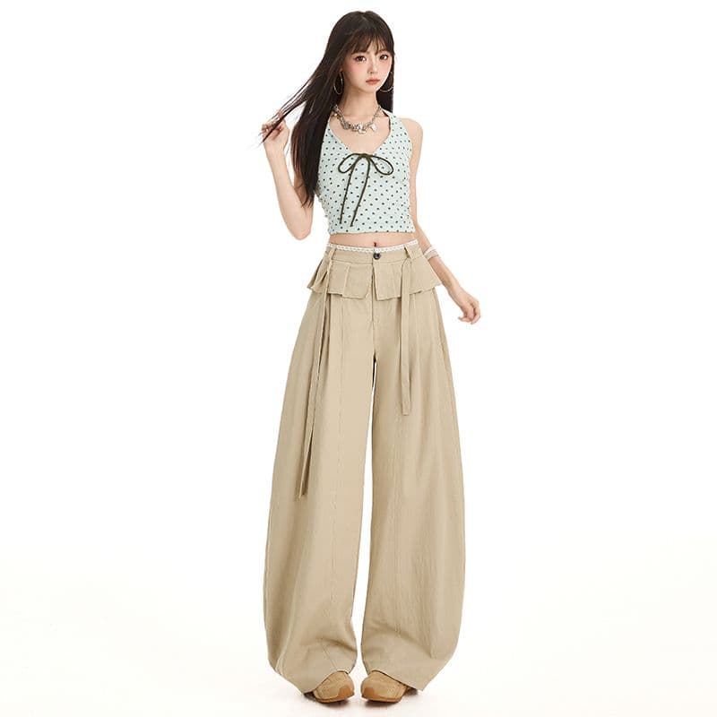 조기 가을 새로운 얇은 스타일 캐주얼 다용도 느슨함 센스 페이크 레이어드 패치워크 모통이 칼 넓은 다리 캐주얼 바지 아이들 이미지 3