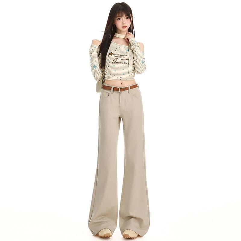 이른 가을 새로운 카키 색 하이웨이스트 부츠컷 바지 아이들 얼음 실크 도루 센스 슬림해 보이는 다용도 캐주얼 와이드 레그 팬츠 이미지 2