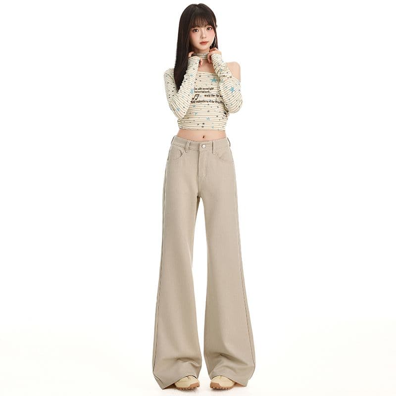 이른 가을 새로운 카키 색 하이웨이스트 부츠컷 바지 아이들 얼음 실크 도루 센스 슬림해 보이는 다용도 캐주얼 와이드 레그 팬츠 이미지 3