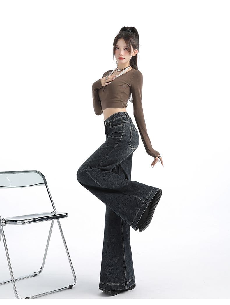 배 모양 몸 레트로 넓은 다리 청바지 여성 봄 가을 새로운 지방 mm 루즈핏 슬림해 보이는 넓은 다리 나팔 호스 슈 바지 상세 이미지 12