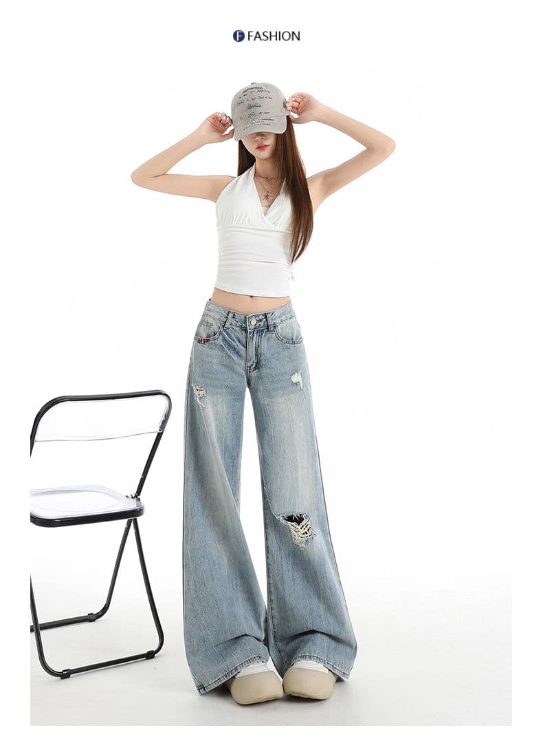 넓은 다리 청바지 여성 여름 2026 새로운 로우 웨이스트 루즈핏 슬림해 보이는 찢어진 부분 디자인 센스 나팔 바지 바닥 청소 바지 상세 이미지 21