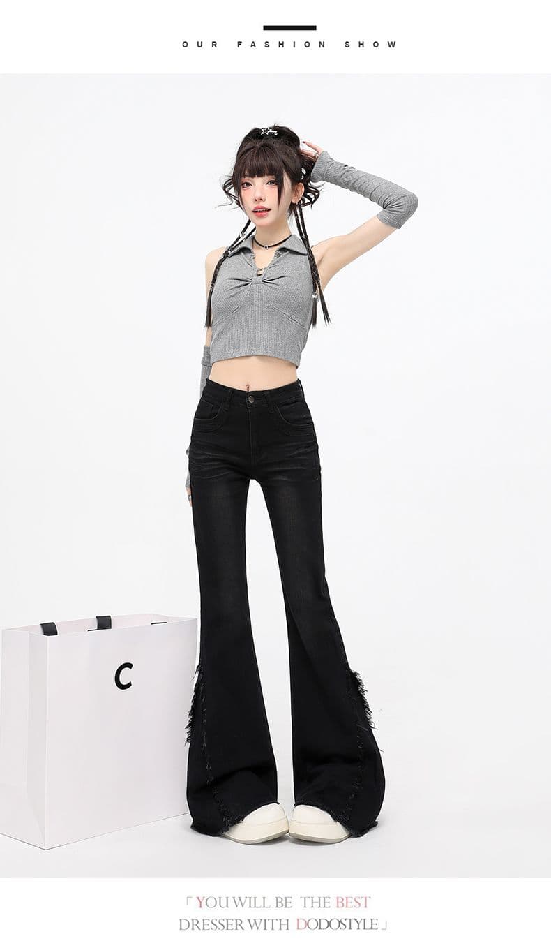 봄 가을 한 부서 디자인 센스 술 거친 가장자리 부츠컷 청바지 여성 핫걸 레트로 신축성 몸매 가꾸기 바닥 청소 나팔 바지 상세 이미지 20