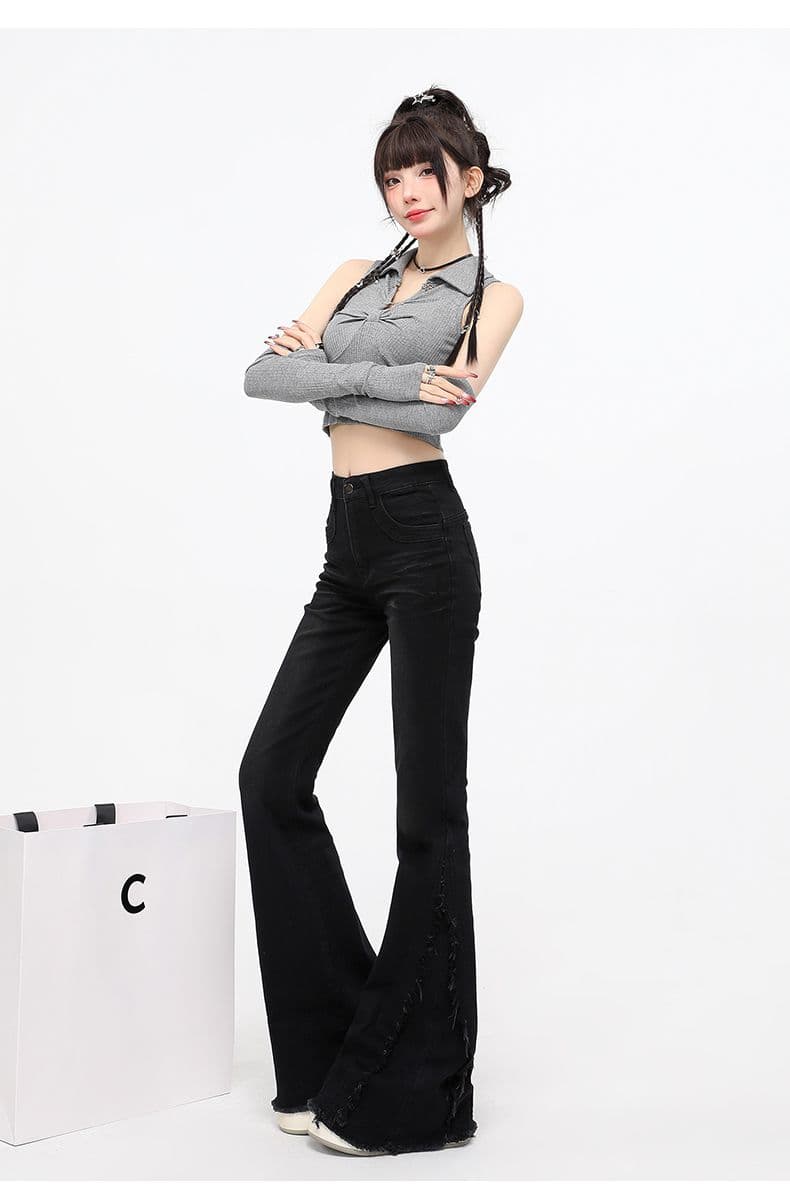 봄 가을 한 부서 디자인 센스 술 거친 가장자리 부츠컷 청바지 여성 핫걸 레트로 신축성 몸매 가꾸기 바닥 청소 나팔 바지 상세 이미지 21
