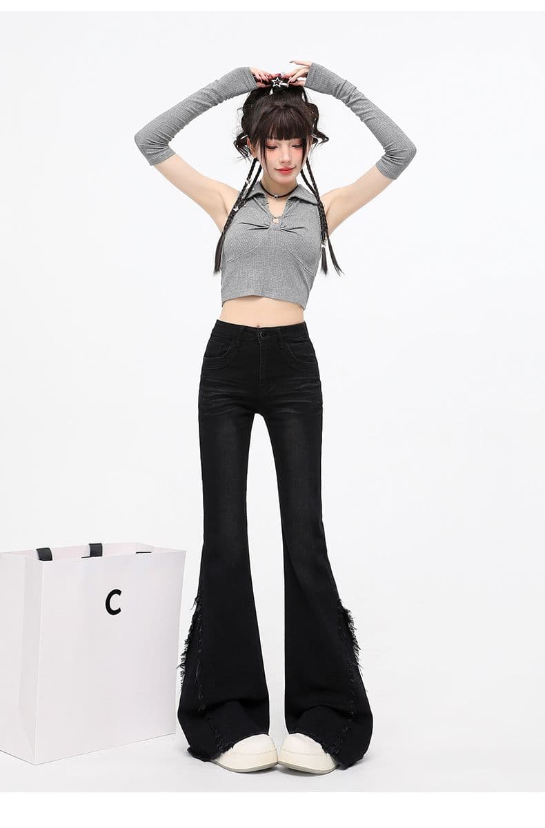 봄 가을 한 부서 디자인 센스 술 거친 가장자리 부츠컷 청바지 여성 핫걸 레트로 신축성 몸매 가꾸기 바닥 청소 나팔 바지 상세 이미지 23