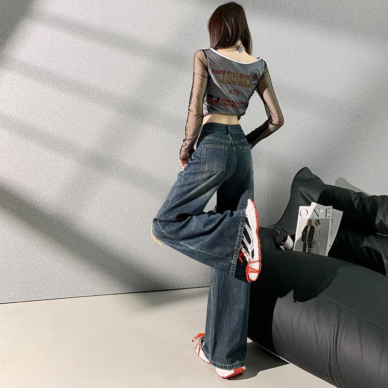 아메리칸 레트로 찢어진 부분 넓은 다리 청바지 여성 하이웨이스트 슬림해 보이는 웃음 하 핫걸 찢어진 부분 스트레이트 도루 센스 바닥 청소 바지 이미지 4