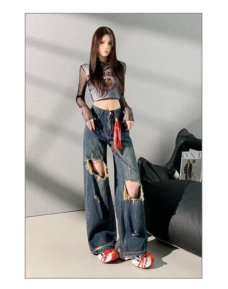 아메리칸 레트로 찢어진 부분 넓은 다리 청바지 여성 하이웨이스트 슬림해 보이는 웃음 하 핫걸 찢어진 부분 스트레이트 도루 센스 바닥 청소 바지 상세 이미지 10