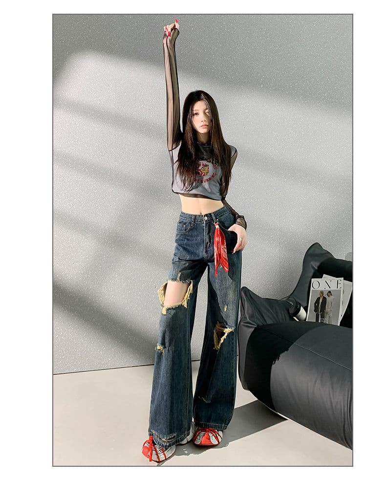 아메리칸 레트로 찢어진 부분 넓은 다리 청바지 여성 하이웨이스트 슬림해 보이는 웃음 하 핫걸 찢어진 부분 스트레이트 도루 센스 바닥 청소 바지 상세 이미지 12