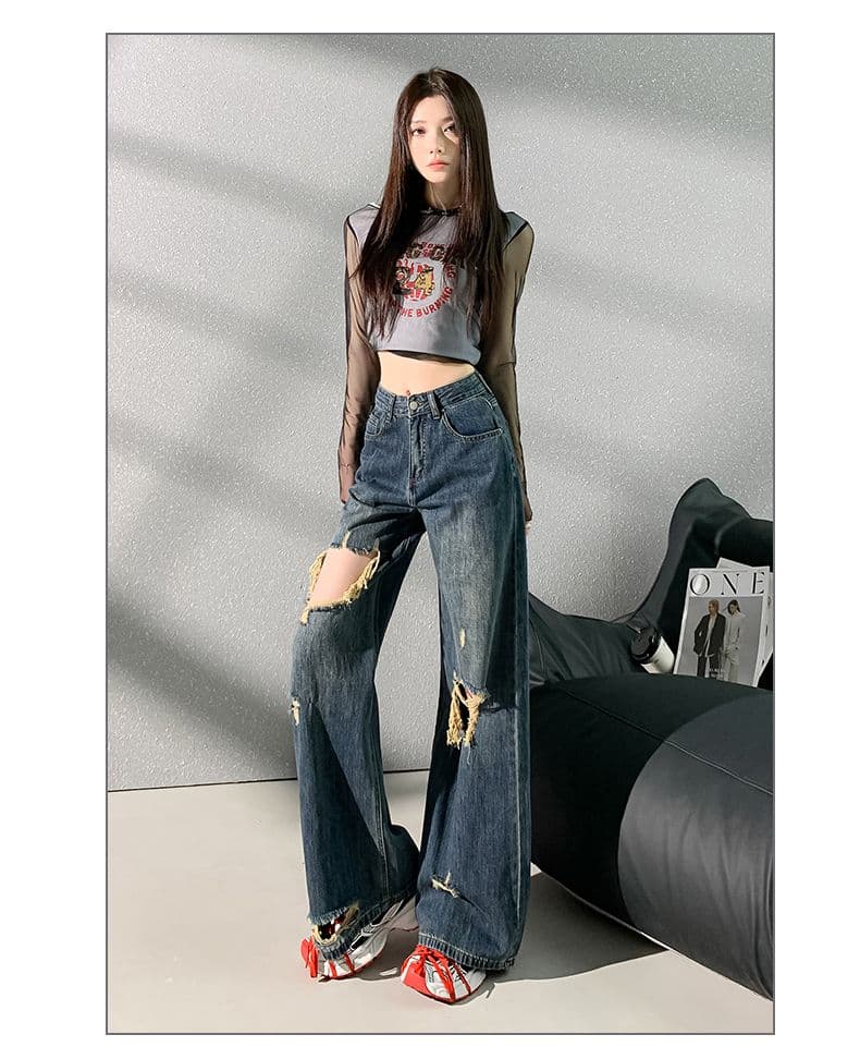 아메리칸 레트로 찢어진 부분 넓은 다리 청바지 여성 하이웨이스트 슬림해 보이는 웃음 하 핫걸 찢어진 부분 스트레이트 도루 센스 바닥 청소 바지 상세 이미지 13