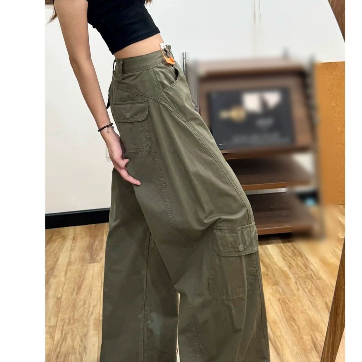 아메리칸 핫걸 워싱 회색 녹색 다용도 하이웨이스트 모통이 칼 워크웨어 모통이 칼 청바지 여성 여름 패션 롱 바지 상세 이미지 5
