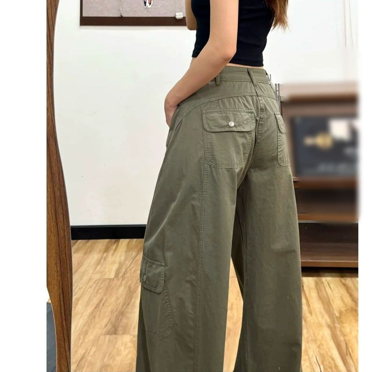 아메리칸 핫걸 워싱 회색 녹색 다용도 하이웨이스트 모통이 칼 워크웨어 모통이 칼 청바지 여성 여름 패션 롱 바지 상세 이미지 6