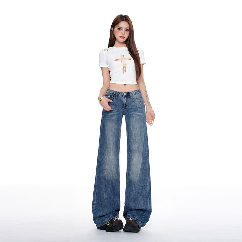 봄 여름 새로운 슈퍼 부드러운 원단 아메리칸 레트로 자시 공예 중요 슬림해 보이는 웨이 루즈핏 나팔 청바지 여성 이미지 2