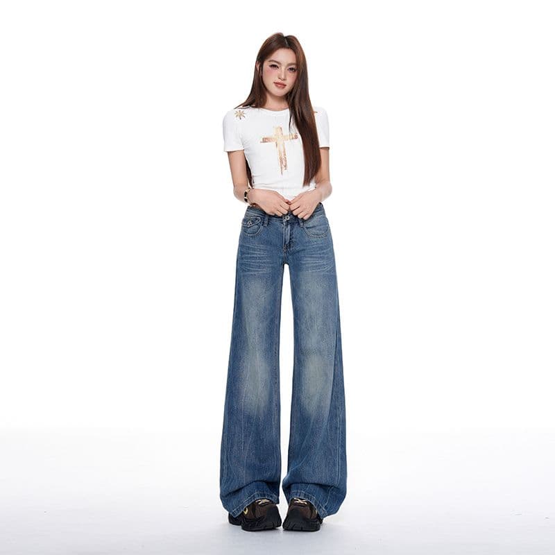 봄 여름 새로운 슈퍼 부드러운 원단 아메리칸 레트로 자시 공예 중요 슬림해 보이는 웨이 루즈핏 나팔 청바지 여성 이미지 5