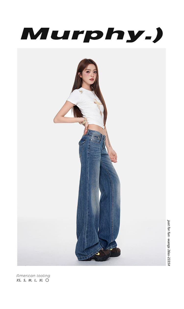 봄 여름 새로운 슈퍼 부드러운 원단 아메리칸 레트로 자시 공예 중요 슬림해 보이는 웨이 루즈핏 나팔 청바지 여성 상세 이미지 2