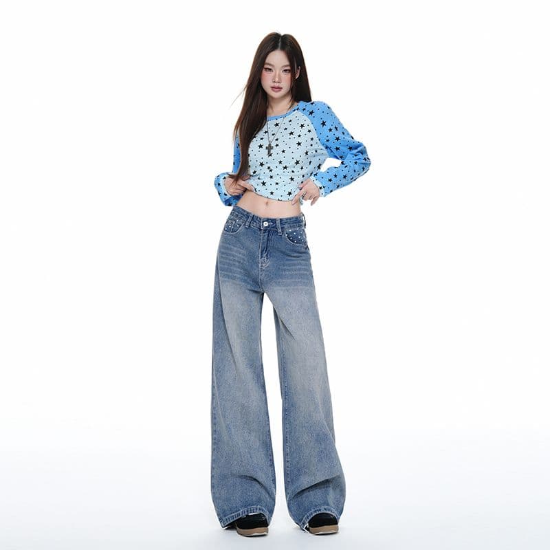 별 프린트 파리 버클 넓은 다리 청바지 남녀 트렌드 캐주얼 아메리칸 워싱 루즈핏 도루 센스 슬림해 보이는 긴 바지 이미지 2