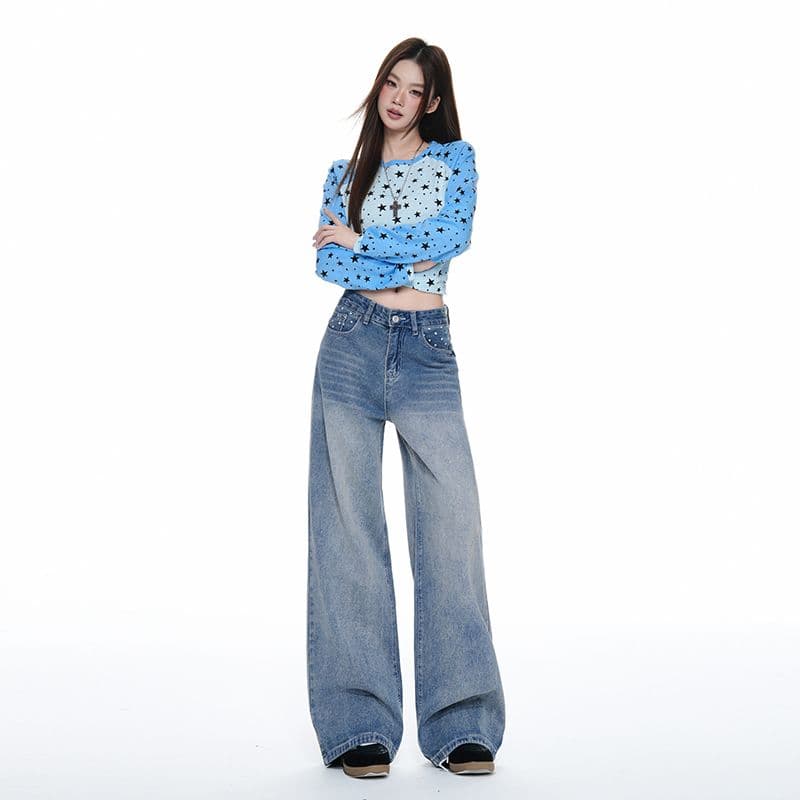 별 프린트 파리 버클 넓은 다리 청바지 남녀 트렌드 캐주얼 아메리칸 워싱 루즈핏 도루 센스 슬림해 보이는 긴 바지 이미지 6