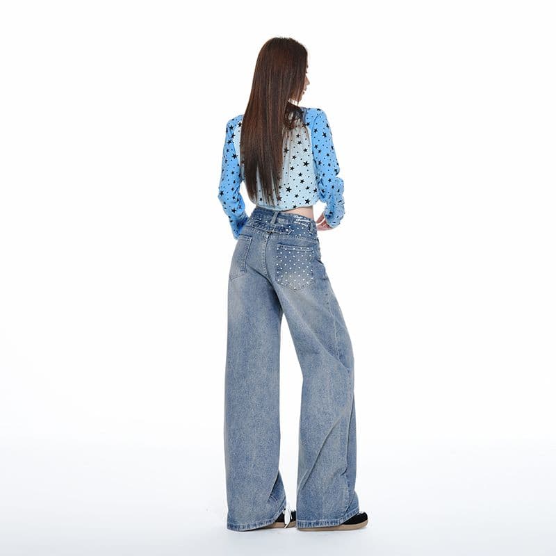 별 프린트 파리 버클 넓은 다리 청바지 남녀 트렌드 캐주얼 아메리칸 워싱 루즈핏 도루 센스 슬림해 보이는 긴 바지 이미지 5
