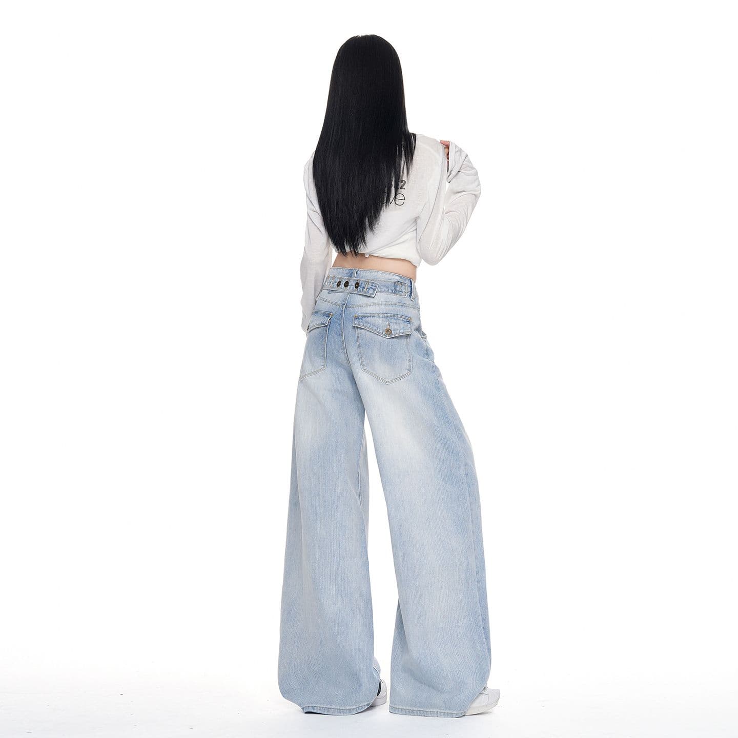 아메리칸 레트로 파리 버클 넓은 다리 청바지 여성 가을 새로운 이후 부서 버클 수 있습니다. 조정 디자인 센스 모통이 칼 바지 이미지 4