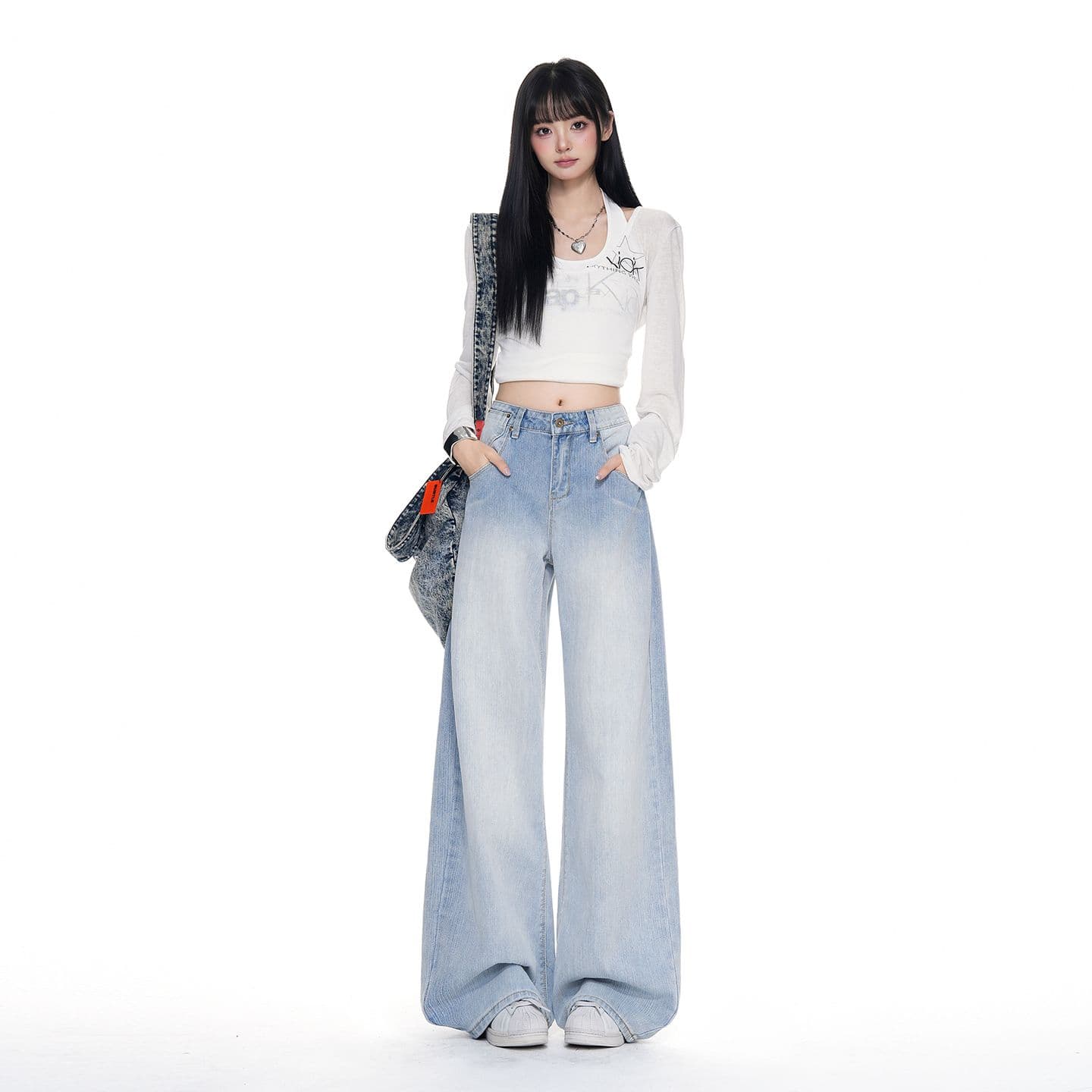 아메리칸 레트로 파리 버클 넓은 다리 청바지 여성 가을 새로운 이후 부서 버클 수 있습니다. 조정 디자인 센스 모통이 칼 바지 이미지 2