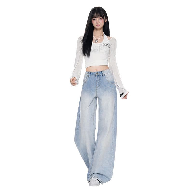 아메리칸 레트로 파리 버클 넓은 다리 청바지 여성 가을 새로운 이후 부서 버클 수 있습니다. 조정 디자인 센스 모통이 칼 바지 이미지 5