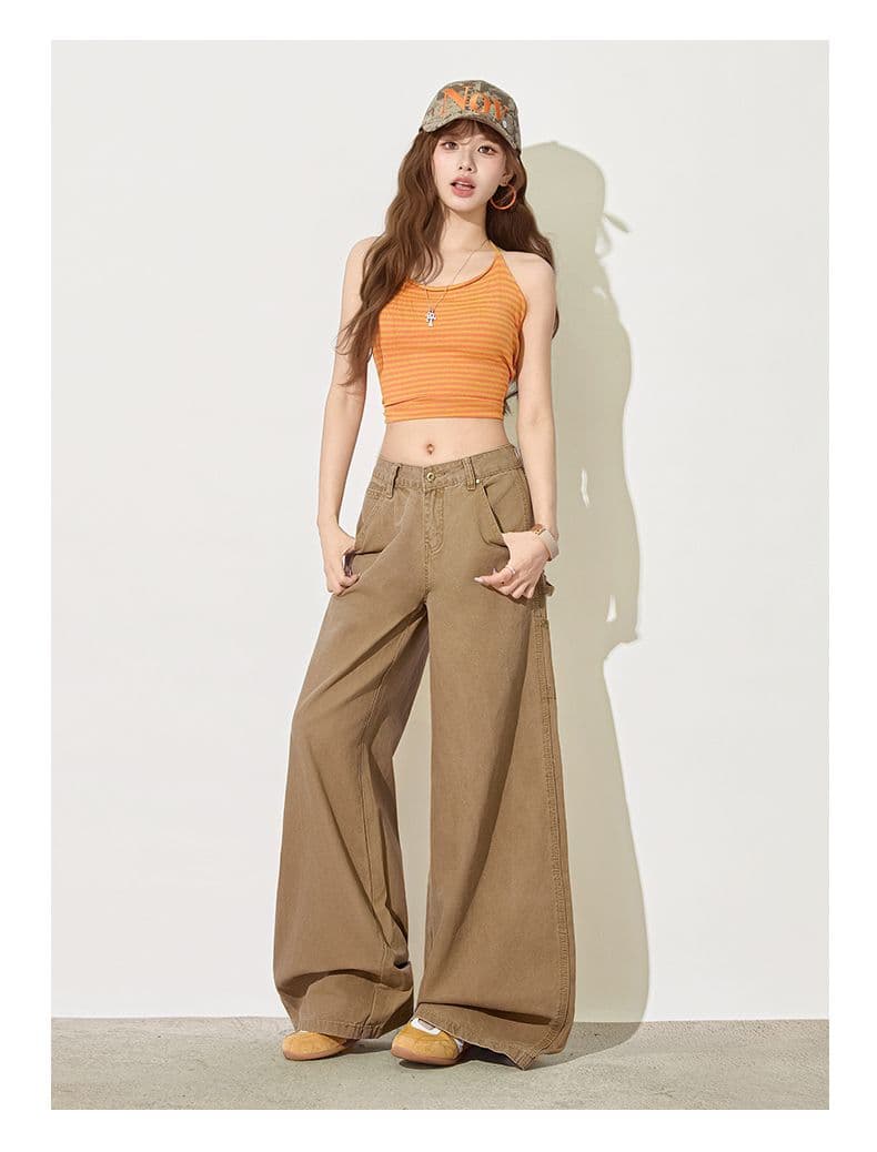 카키 색 아메리칸 레트로 워크웨어 청바지 여성 여름 디자인 센스 루즈핏 스트레이트 도루 센스 넓은 다리 바닥 청소 바지 상세 이미지 30