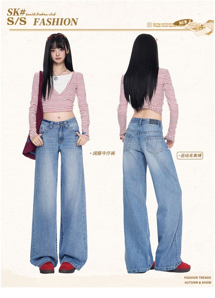 터키 데님 아메리칸 대 단추 로우 웨이스트 얼음 파란색 넓은 다리 루즈핏 스트레이트 청바지 상세 이미지 1