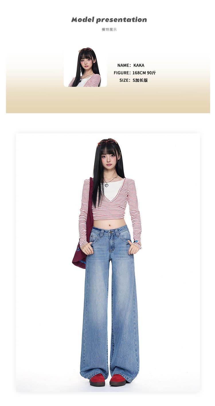 터키 데님 아메리칸 대 단추 로우 웨이스트 얼음 파란색 넓은 다리 루즈핏 스트레이트 청바지 상세 이미지 5