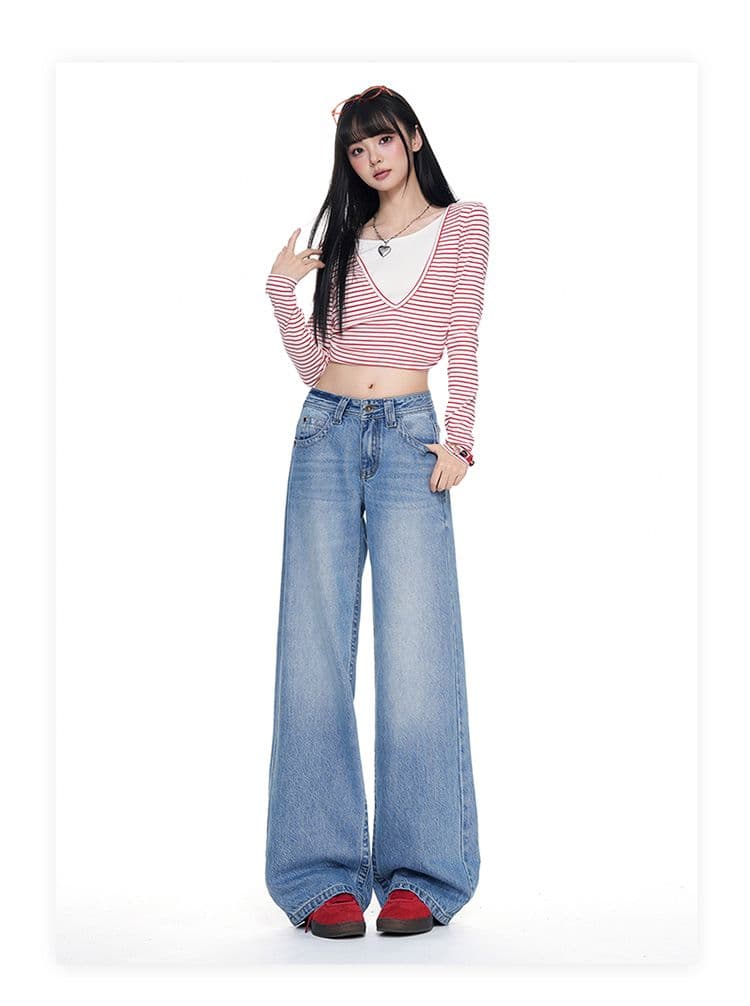 터키 데님 아메리칸 대 단추 로우 웨이스트 얼음 파란색 넓은 다리 루즈핏 스트레이트 청바지 상세 이미지 8